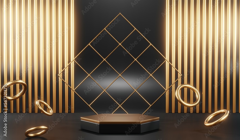 3d render of abstract realistic studio room with Luxury round pedestal stand podium with golden glitter in shape backdrop. Luxury black friday sale scene for product display presentation background 3d render of abstract realistic studio room with Luxury round pedestal stand podium with golden glitter in shape backdrop. Luxury black friday sale scene for product display presentation background