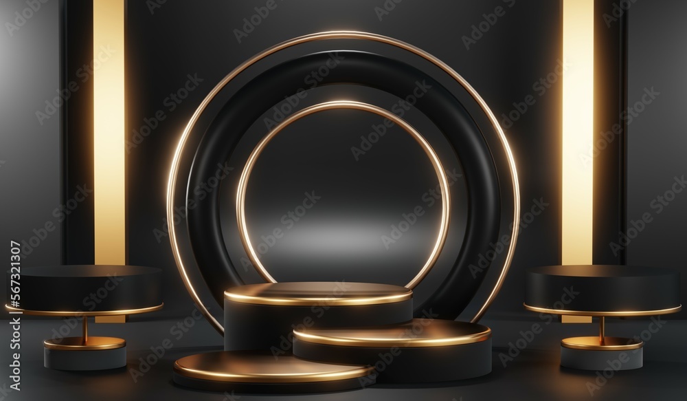 3d render of abstract realistic studio room with Luxury round pedestal stand podium with golden glitter in shape backdrop. Luxury black friday sale scene for product display presentation background 3d render of abstract realistic studio room with Luxury round pedestal stand podium with golden glitter in shape backdrop. Luxury black friday sale scene for product display presentation background