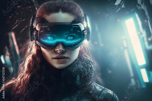 Beautiful futuristic woman using virtual reality glasses in the Metaverse. Girl with VR device and digital elements around her head. Generative ai © sdecoret