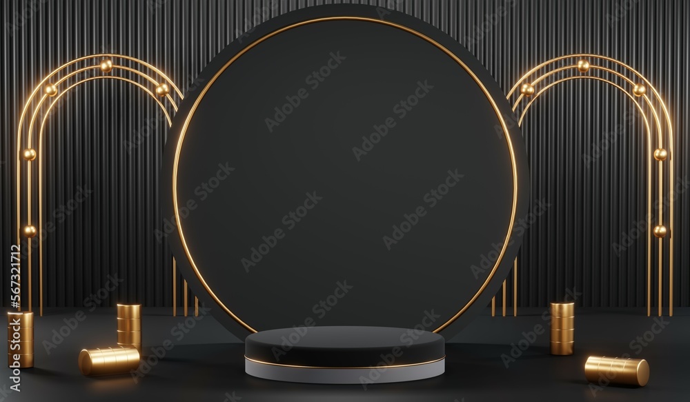 3d render of abstract realistic studio room with Luxury round pedestal stand podium with golden glitter in shape backdrop. Luxury black friday sale scene for product display presentation background 3d render of abstract realistic studio room with Luxury round pedestal stand podium with golden glitter in shape backdrop. Luxury black friday sale scene for product display presentation background