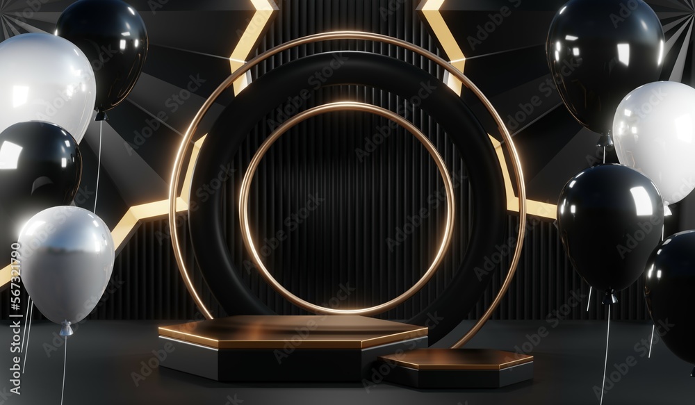 3d render of abstract realistic studio room with Luxury round pedestal stand podium with golden glitter in shape backdrop. Luxury black friday sale scene for product display presentation background 3d render of abstract realistic studio room with Luxury round pedestal stand podium with golden glitter in shape backdrop. Luxury black friday sale scene for product display presentation background