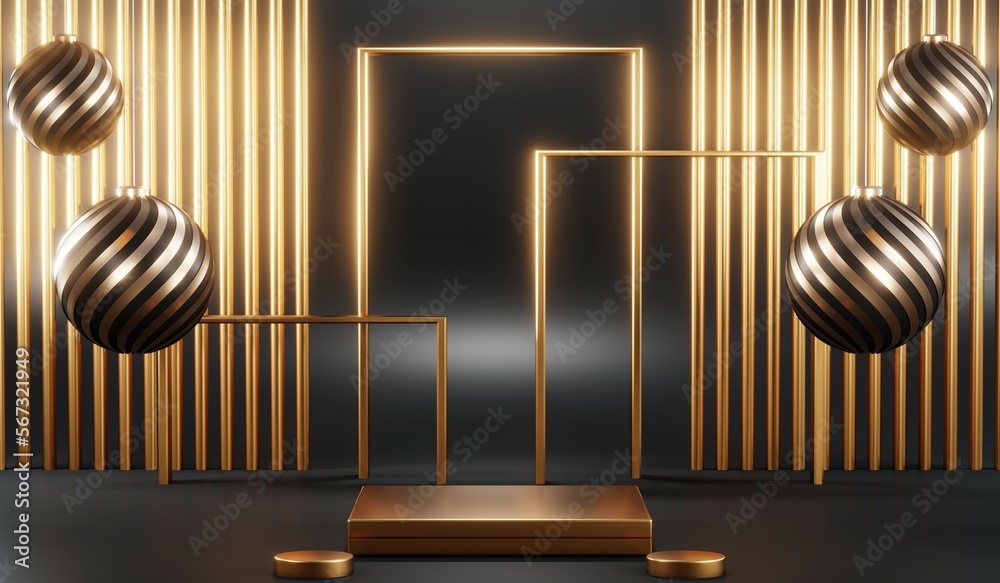 3d render of abstract realistic studio room with Luxury round pedestal stand podium with golden glitter in shape backdrop. Luxury black friday sale scene for product display presentation background 3d render of abstract realistic studio room with Luxury round pedestal stand podium with golden glitter in shape backdrop. Luxury black friday sale scene for product display presentation background