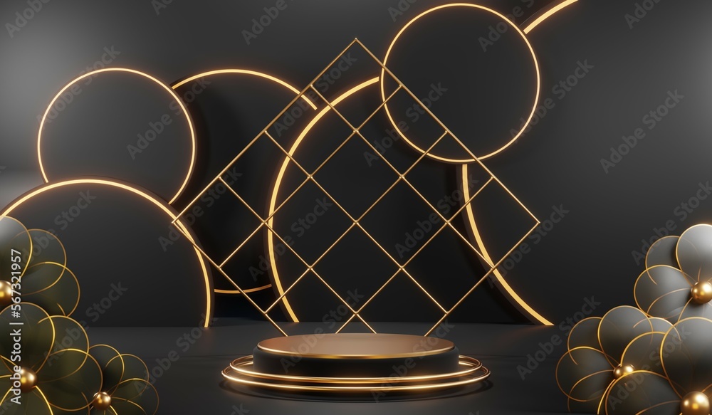 3d render of abstract realistic studio room with Luxury round pedestal stand podium with golden glitter in shape backdrop. Luxury black friday sale scene for product display presentation background