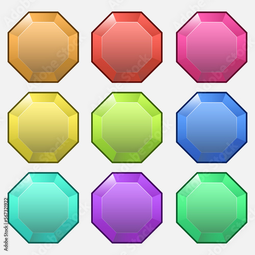 Icons set for isometric game elements, colorful isolated vector illustration of Octagon gems for abstract flat game concept