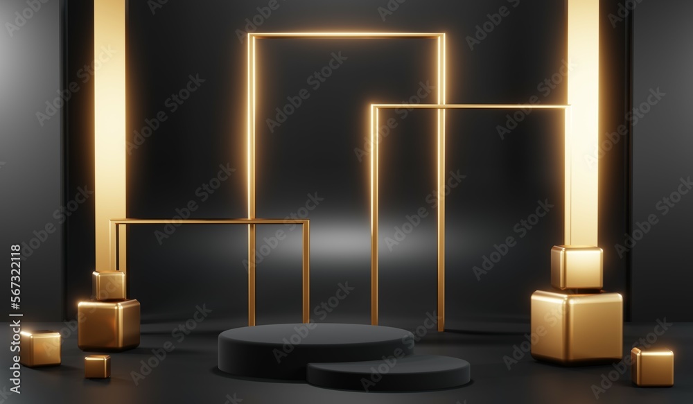 custom made wallpaper toronto digital3d render of abstract realistic studio room with Luxury round pedestal stand podium with golden glitter in shape backdrop. Luxury black friday sale scene for product display presentation background