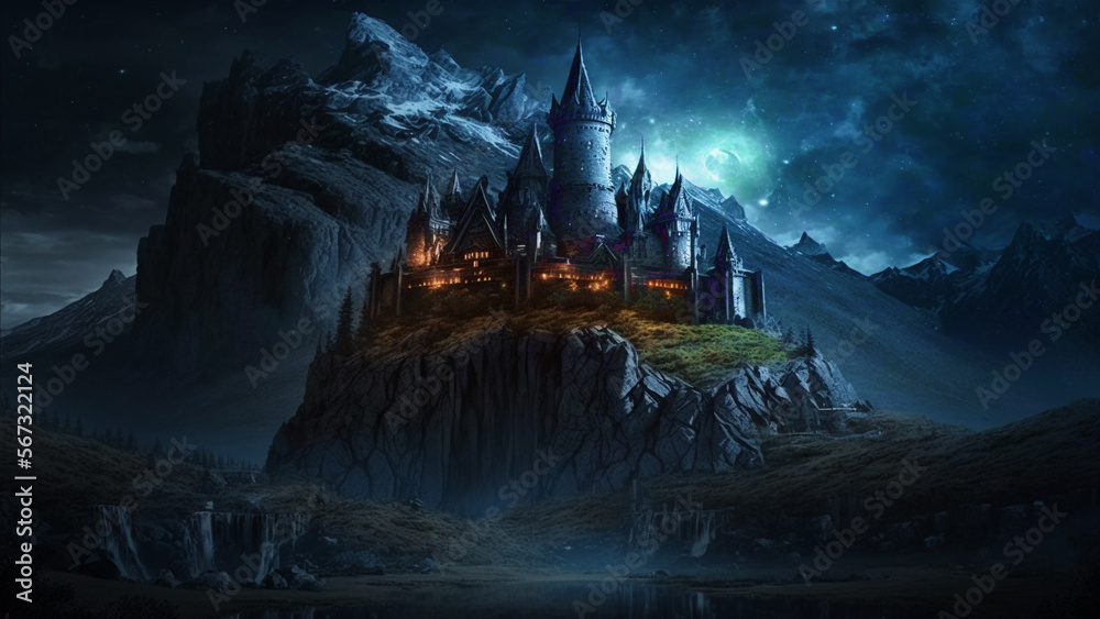 fantasy castle night in the mountains
