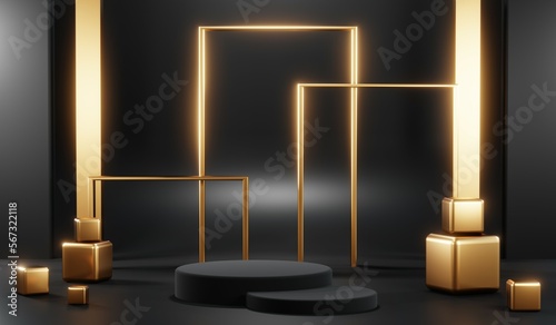 Wallpaper Mural 3d render of abstract realistic studio room with Luxury round pedestal stand podium with golden glitter in shape backdrop. Luxury black friday sale scene for product display presentation background Torontodigital.ca