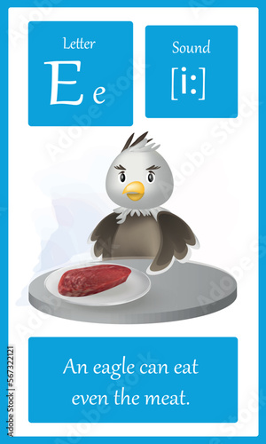 Colorful alphabet letter E. Phonics flashcard with sound. Letter E for teaching reading with phonetic drill text, illustrated in modern 3d cartoon style. Easy printable.