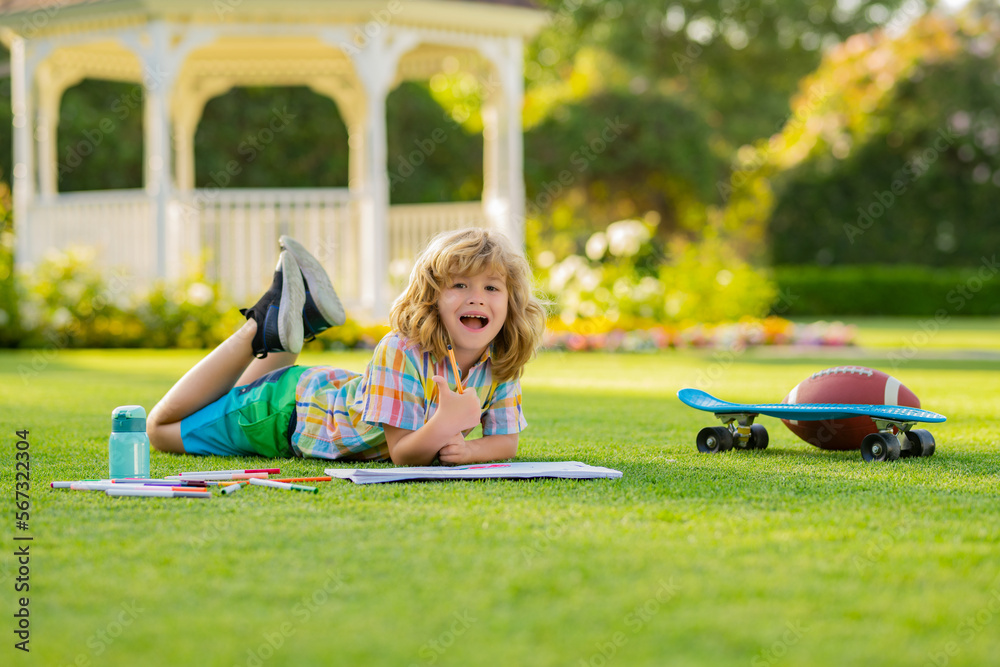 Child learning outside in the nature park. Relaxation and childhood ...