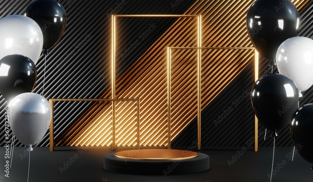 3d render of abstract realistic studio room with Luxury round pedestal stand podium with golden glitter in shape backdrop. Luxury black friday sale scene for product display presentation background