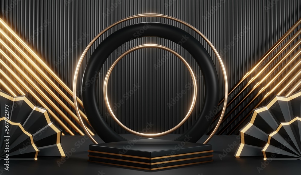 3d render of abstract realistic studio room with Luxury round pedestal stand podium with golden glitter in shape backdrop. Luxury black friday sale scene for product display presentation background 3d render of abstract realistic studio room with Luxury round pedestal stand podium with golden glitter in shape backdrop. Luxury black friday sale scene for product display presentation background
