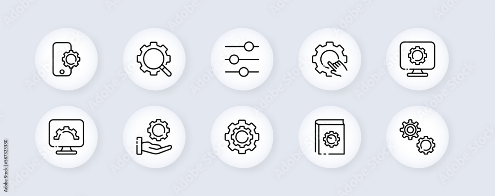 Settings set icon. Gear, slider, hardware, arrow, dropdown menu, download, repair, construction, fix, hand, phone, laptop, head, magnifier, control. Neomorphism style. Vector line icon for Advertising Settings set icon. Gear, slider, hardware, arrow, dropdown menu, download, repair, construction, fix, hand, phone, laptop, head, magnifier, control. Neomorphism style. Vector line icon for Advertising