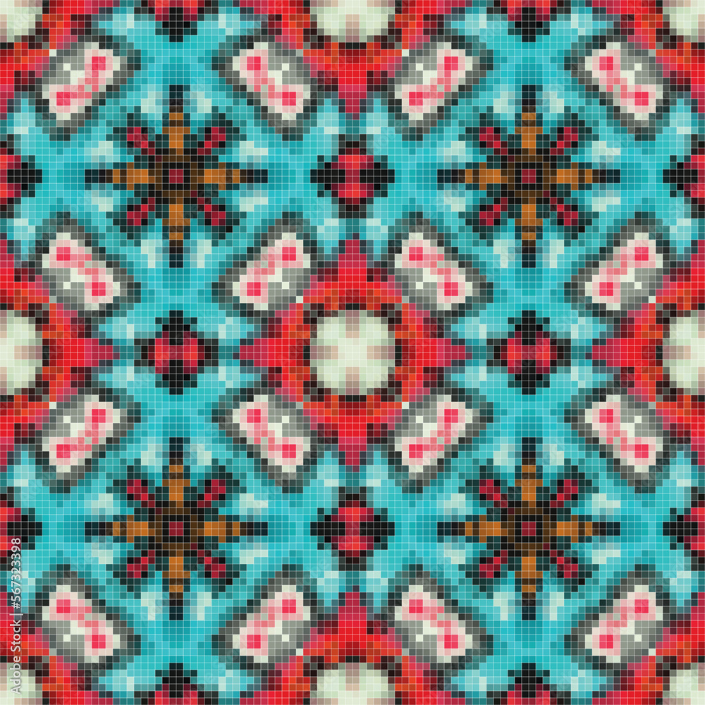 Fototapeta premium Pixel mosaic seamless pattern design, Repeat textile design. 