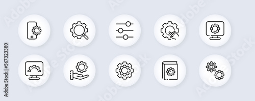 Settings set icon. Gear, slider, hardware, arrow, dropdown menu, download, repair, construction, fix, hand, phone, laptop, head, magnifier, control. Neomorphism style. Vector line icon for Advertising