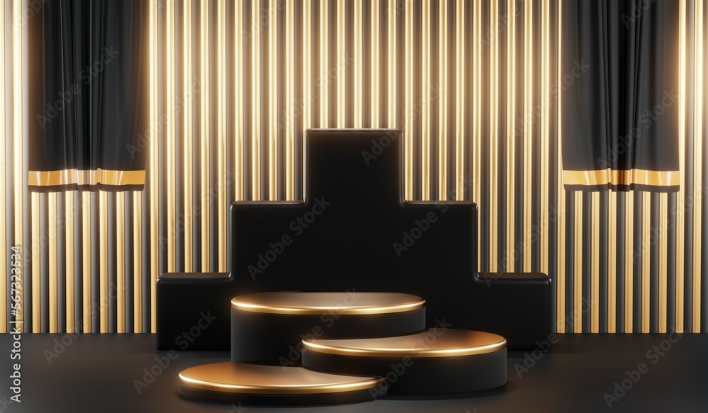 Obraz premium 3d render of abstract realistic studio room with Luxury round pedestal stand podium with golden glitter in shape backdrop. Luxury black friday sale scene for product display presentation background