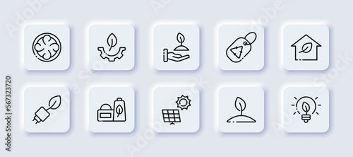 Clean environment set icon. Flower, power plant, fume, biodegradable bag, factory, leaf, sunflower, cross, sollar battery, save the planet. Ecology concept. Neomorphism style. Vector line icon