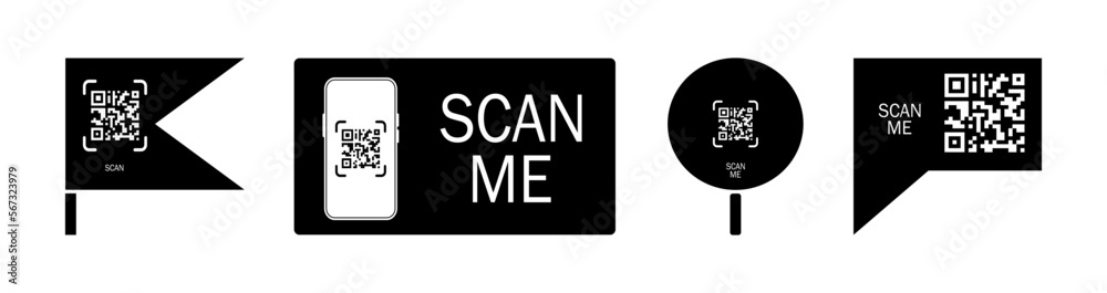 Qr code set icon. Quar codes with inscription scan me with smartphone. Scan me icon. Scan qr code icon for payment, mobile app and identification. Vector illustration on white background Qr code set icon. Quar codes with inscription scan me with smartphone. Scan me icon. Scan qr code icon for payment, mobile app and identification. Vector illustration on white background