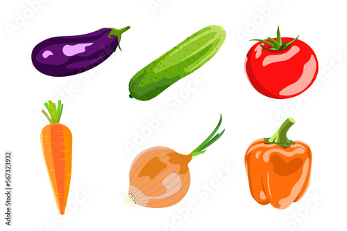 Vegetables vector set illustration. Healthy food. Eggplant, cucumber, tomato, carrot, onion, bell pepper