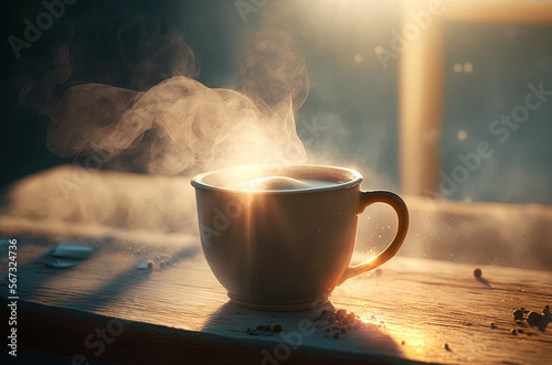 Cup of hot coffee on a table, steam coming from the hot coffee, sun light, flares, snow, comfort.