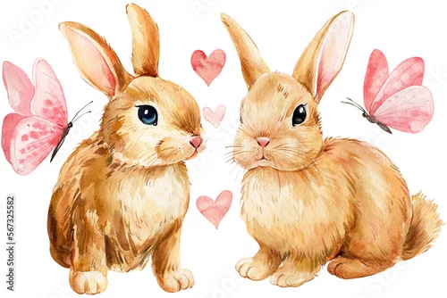 Naklejka na ścianę Rabbit and butterfly, baby bunny on isolated white background. Watercolor hand drawn illustration. Set of cute animals 