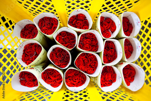 A basket full of red roses ready to ship from the Nevado Roses farm in Ecuador. photo