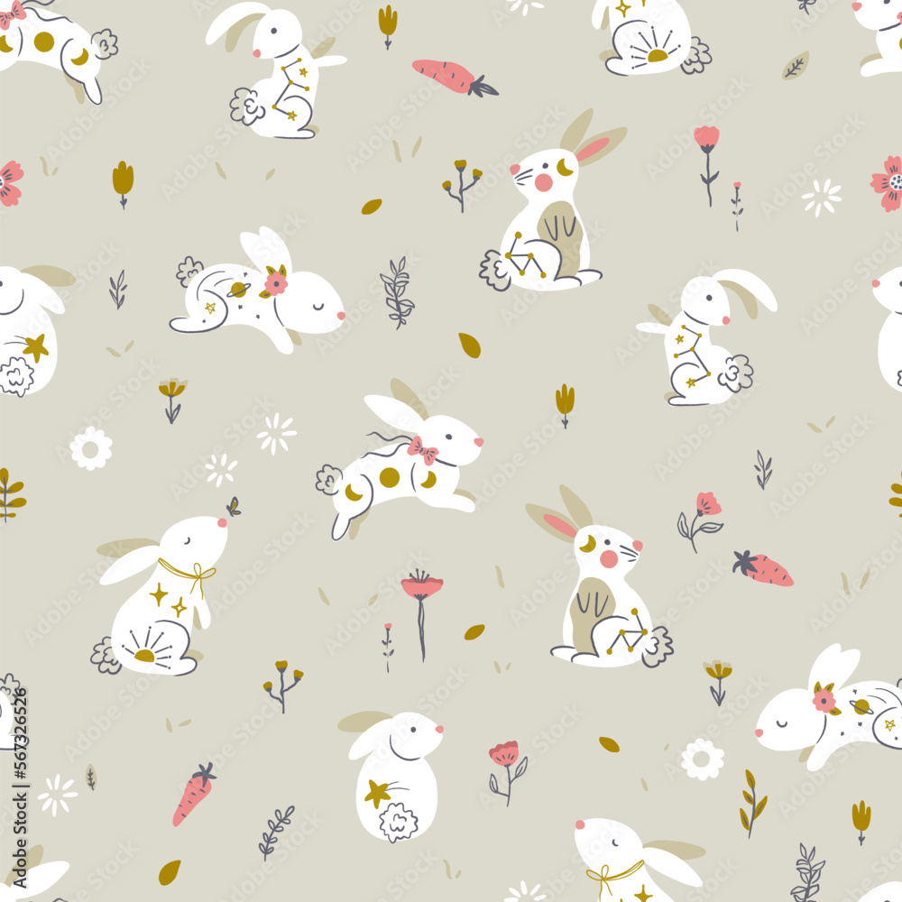 Soft Cute Cosmic Rabbits in Field with Carrots and Flowers Vector Seamless Pattern Soft Cute Cosmic Rabbits in Field with Carrots and Flowers Vector Seamless Pattern