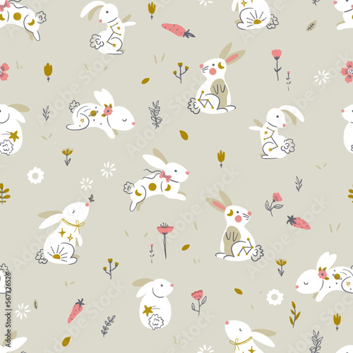 Soft Cute Cosmic Rabbits in Field with Carrots and Flowers Vector Seamless Pattern