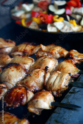 Shishlik, grilled chicken, Moscow, Russia.