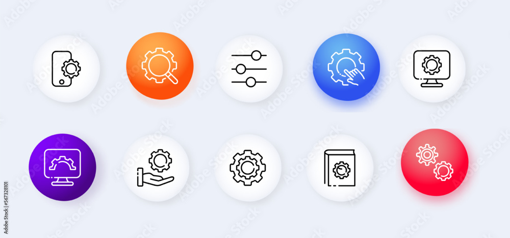 Settings set icon. Gear, fix, dropdown menu, phone, repair, control, hardware, construction, laptop, arrow, hand, magnifier, head, download, slider. Neomorphism style. Vector line icon for Advertising Settings set icon. Gear, fix, dropdown menu, phone, repair, control, hardware, construction, laptop, arrow, hand, magnifier, head, download, slider. Neomorphism style. Vector line icon for Advertising