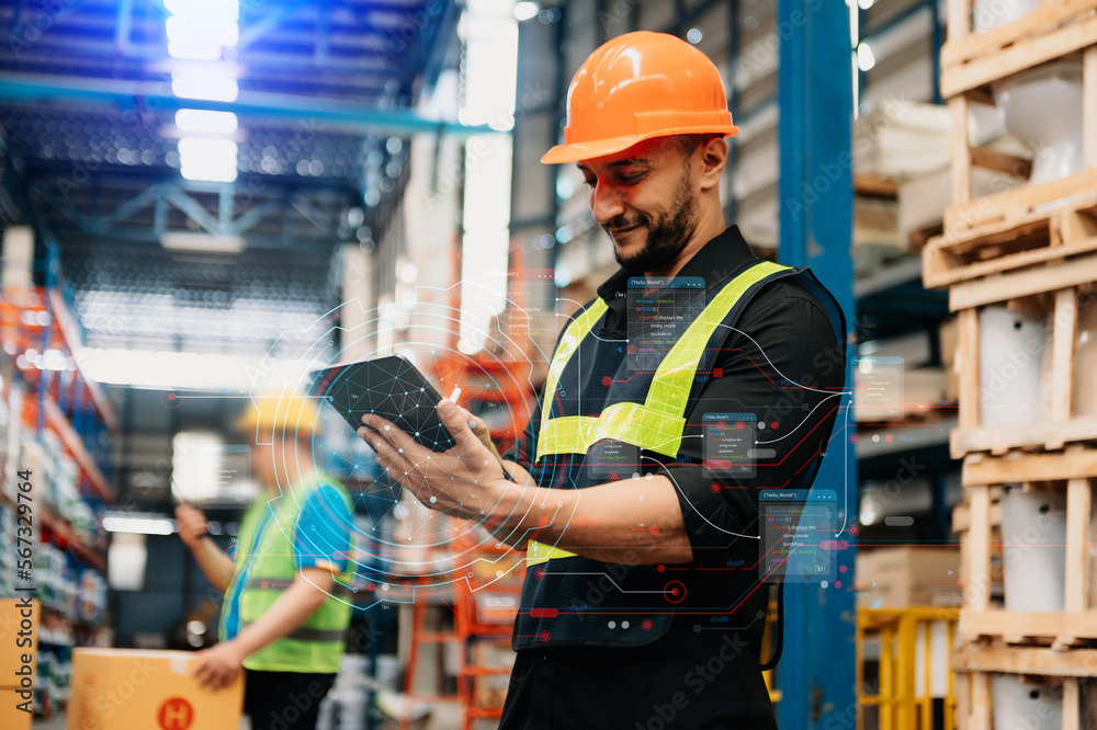 Warehouse worker managing logistics and goods transportation to the market. Man walking and using tablet to control distribution. Warehouse worker managing logistics and goods transportation to the market. Man walking and using tablet to control distribution.