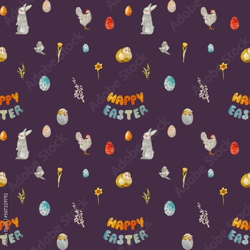 Easter title rabbit eggs violet watercolor pattern
