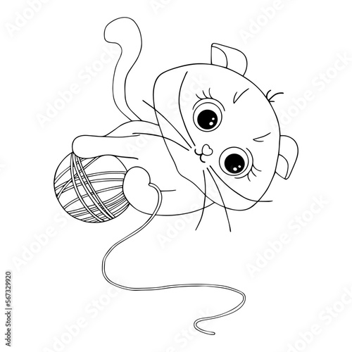 Linear sketch, coloring of a cute little cat playing with skeins of prayage. Vector graphics.