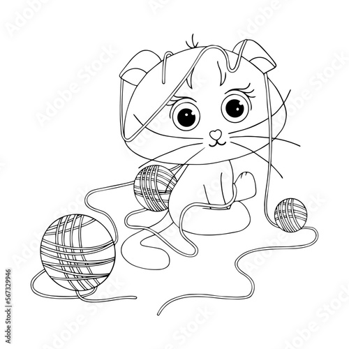 Linear sketch, coloring of a cute little cat playing with skeins of prayage. Vector graphics.