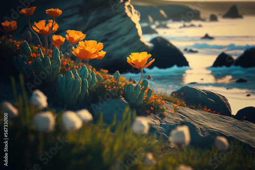 A beautiful craggy coastline with California Poppies. Post-processed digital AI art	
