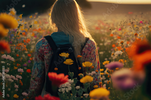 backside of young woman walking in a field of flowers, ai generated