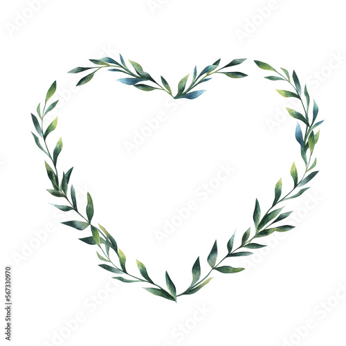 Fototapeta Naklejka Na Ścianę i Meble -  Watercolor floral wreath heart shaped frame of green leaves hand drawn illustration isolated on white background St valentine's holiday card template