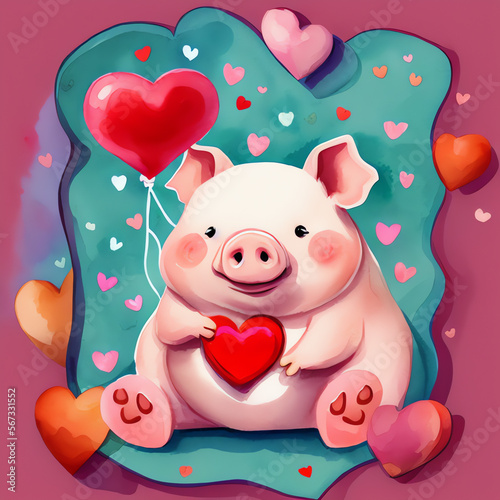 Watercolor illustration of cute bear pig holding a red heart - Symbol for Valentine's Day - Generative AI