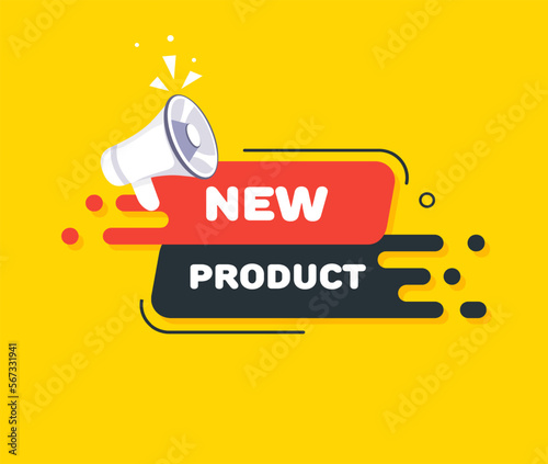 Speech bubble New product text. Speech bubble with loudspeaker. Pop art style. Vector line icon for Business and Advertising