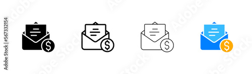 Paid mail line icon. Letter, envelope, dollar, coin, addressee, sender correspondence, letters, send message. Communication concept. Vector icon in line, black and colorful style on white background