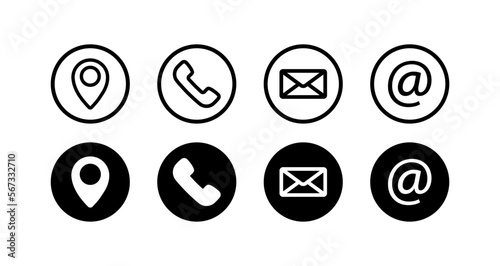 Contact us set icon. Call, handset, telephone, wired telephone, correspondence, dialogue, communication, alarm clock, monitor, mail. Vector line icon on white background