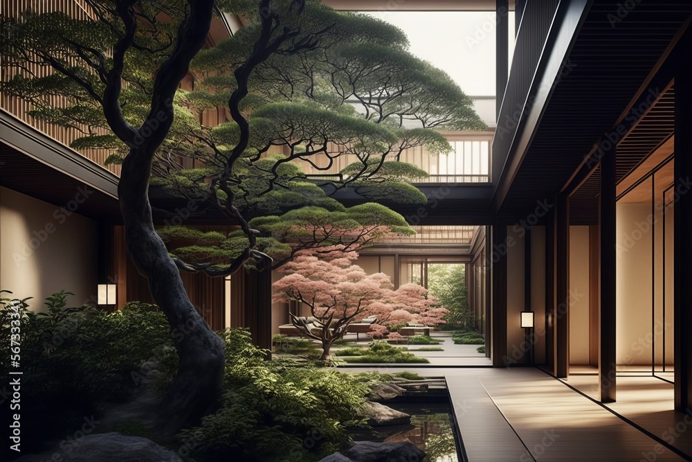 Beautiful Interior garden in a Japanese style, green and pink leaf trees