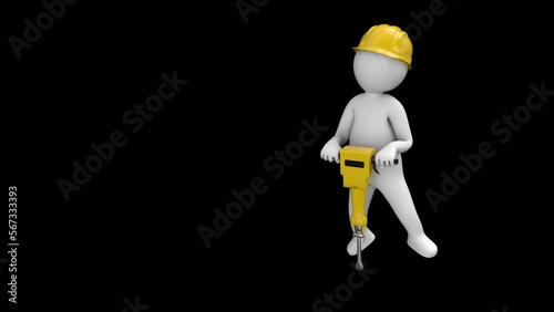 Builder stickman with jackhammer - 3d render looped with alpha channel.