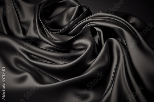 Black wavy fabric, silk, velvet, artificial leather. Ai generative.