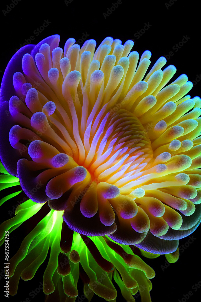 A fluorescent sea anemone in the depths of the sea. Ai generative. A fluorescent sea anemone in the depths of the sea. Ai generative.