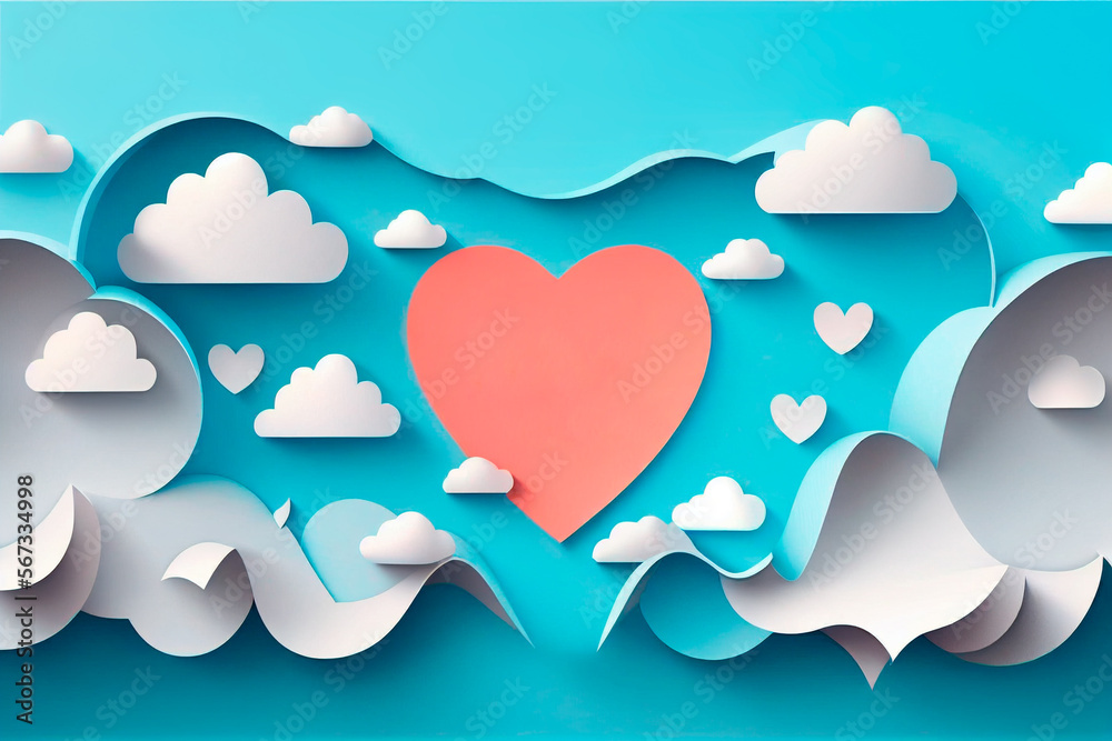 Paper elements in shape of heart and clouds flying on blue background ...