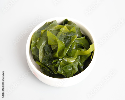 Seaweed wakame isolated on gray background. high angle view. Japanese food