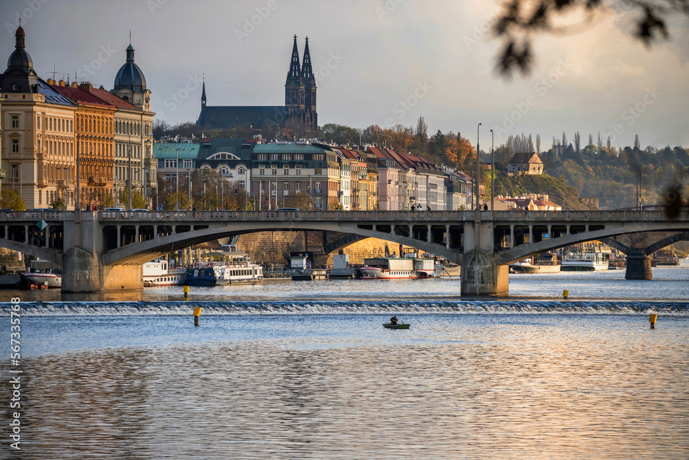 River Vltava, Vysehrad and Jiraskuv bridge, Prague.