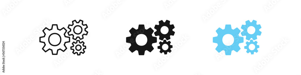 Gear icon. Cog symbol. Wheel signs. Machinery symbols. Technology icons. Black and blue color. Vector sign. Gear icon. Cog symbol. Wheel signs. Machinery symbols. Technology icons. Black and blue color. Vector sign.