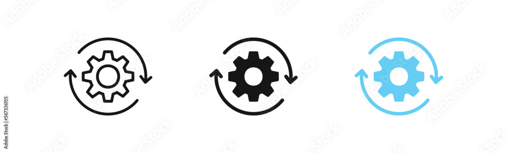 Gear rotate icon. Arrow process symbol. Cog work signs. Update wheel symbols. Repeat cogwheel icons. Black and blue color. Vector sign. Gear rotate icon. Arrow process symbol. Cog work signs. Update wheel symbols. Repeat cogwheel icons. Black and blue color. Vector sign.