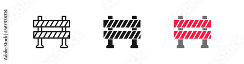 Roadblock icon. Road barrier symbol. Obstacle signs. Work border symbols. Barricade icons. Black and red color. Vector sign.